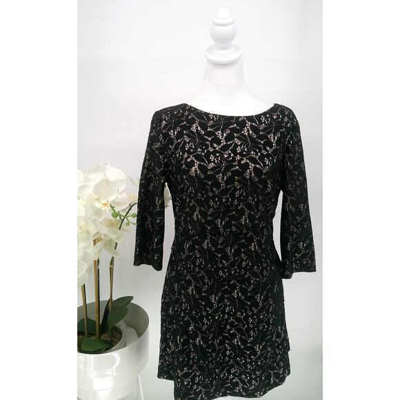 Tahari Womens Black Metallic Floral Stretch 3/4 Sleeve Lace Overlay Dress Sz 10 - Picture 1 of 10